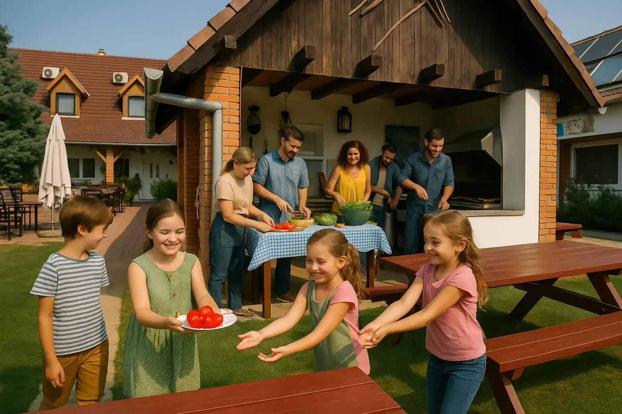 Családi összejövetel. Szabadtéri főzés felnőttekkel, gyerekek paradicsomot visznek a kerti asztalhoz.