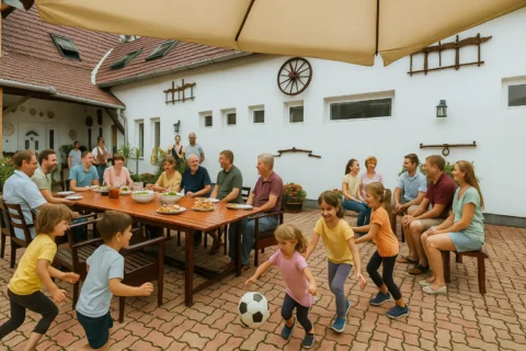 Családi összejövetel, családi ebéd az udvaron, gyerekek fociznak az asztal mellett.